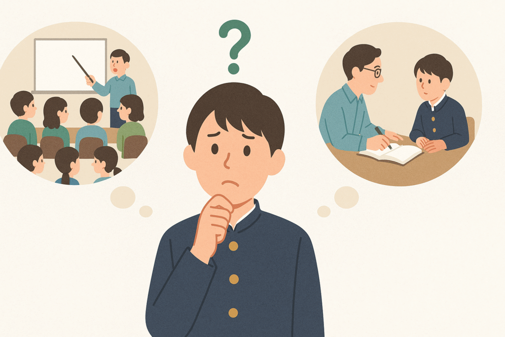 塾・個別指導のどちらにするか悩む生徒の図です