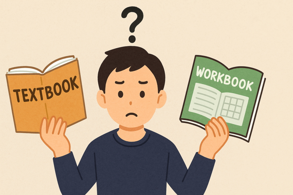 参考書・問題集選びに悩む生徒の図です